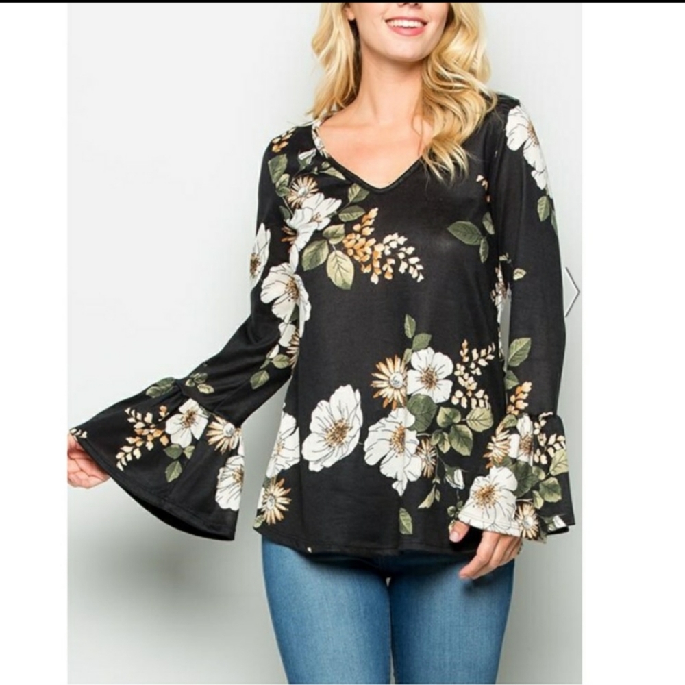 Black Floral Bell Sleeve Top